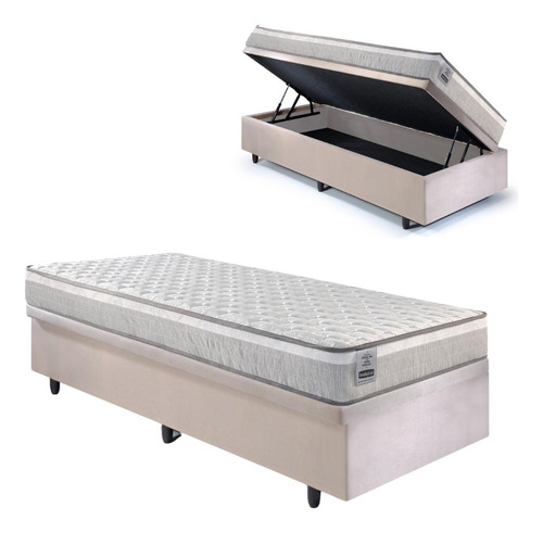Base Box Baú 88x188 Suede Bege Com Colchão Hanover Inducol