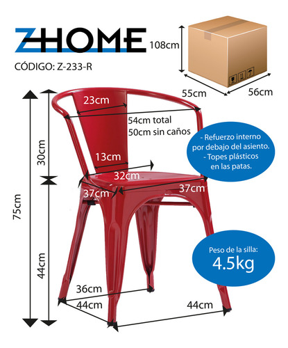 Silla De Comedor Con Apoyabrazo Tolix Reforzada De Hierro Zhome X4 Estructura De La Silla Rojo Asiento Rojo Diseño De La Tela Metal