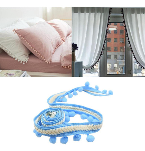 Pom Cortina Borla Flecos Ribete Trenzado Costura Cinta Azul