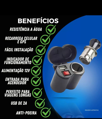 Tomada 12v Usb Moto Carregador Celular Adaptador Isqueiro