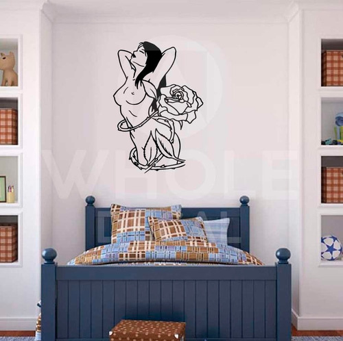 Vinilo De Pared Mujer Envuelta Por Espinas Y Rosa Decal Negro