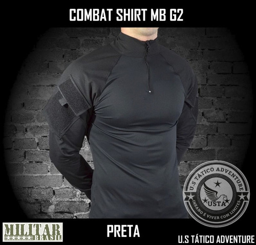 Camisa Combat Shirt Militar G2 Preta Com 2 Bolsos Táticos Mb