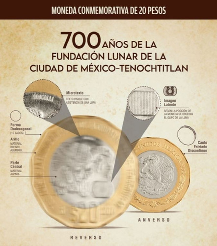 20 Pesos 700 Años Fundación Lunar México Tenochtitlan