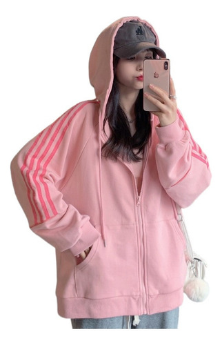 Sudadera Básica Casual Con Capucha Y Cierre Mujer Rosado