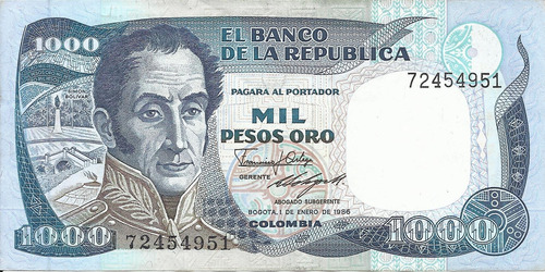 Colombia  1000 Pesos Oro 1 De Enero 1986