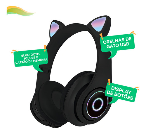 Fone de ouvido gatinho sem fio Catear D47 preto com luz rgb LED