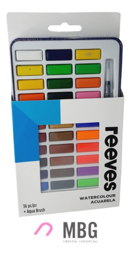 Imagen 2 de 6 de Acuarelas Pastillas Reeves En Lata X 36 Colores + Aqua Brush