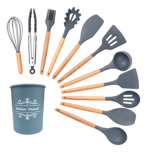 Kit 12 Utensílios De Cozinha Em Silicone E Cabo De Madeira Cinza Mixtou 093-0021