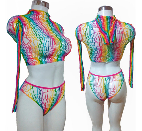 C^ Conjunto De Lencería De Red Arcoiris Sensual Con Gorro
