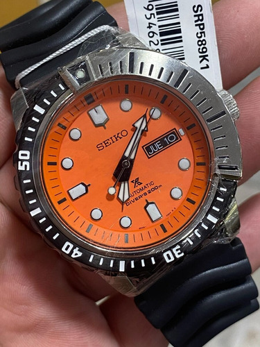 Reloj Seiko Automático Diver Prospex Srp589k1 Agente Malla Negro Bisel Gris - Negro Fondo Naranja