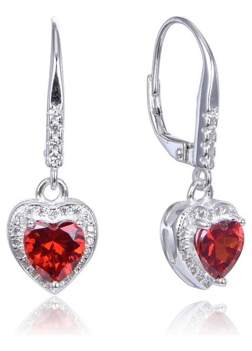 Aros Corazon Plata 925 Con Cubic Rojo Mujer Regalo