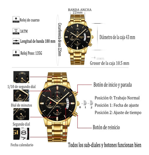 Reloj De Lujo Para Hombres Nibosi Dorado Impermeable