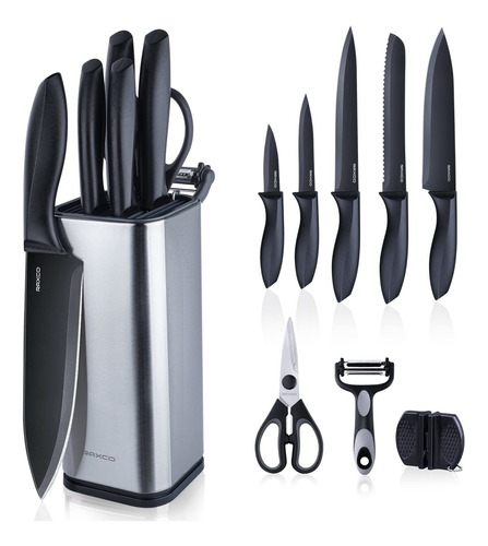 10 Pieces Black Kitchen Knife Set With Block, 5-piece Stainl