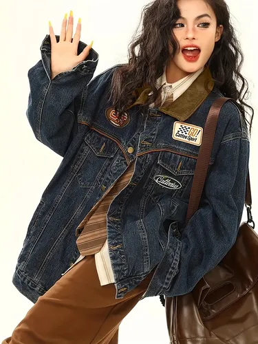 ジャケット・アウター thevirgins oversize heart logo button jk Jaqueta Jeans Oversized Feminina Com Patches Vintage | Frete grátis