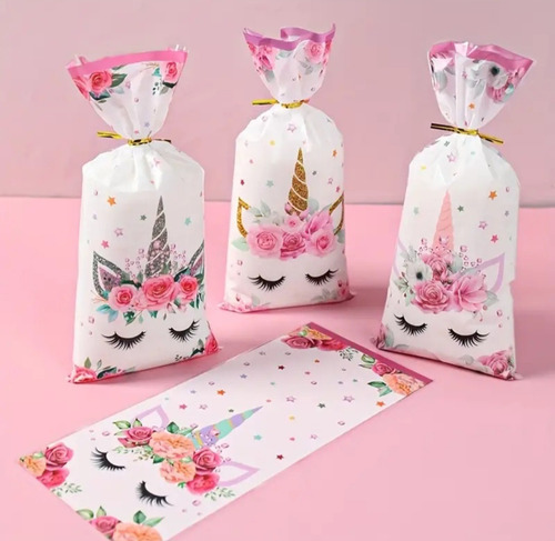 Bolsas Celofán Unicornio 50 Piezas Rosa Chicle Unicornio Flores