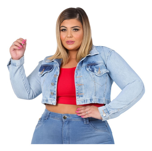 Jaqueta Jeans Cropped Plus Size Feminina Com Abertura Botão