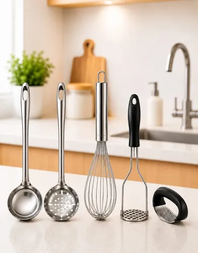 Kit 5 Peças Inox Cozinha Concha Escumadeira Fouet Amassador Cinza