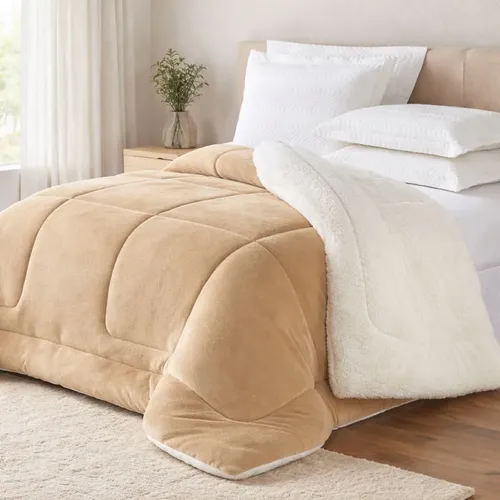 Coberdrom Queen Sherpa Pele Carneiro Premium Cáqui Lisa | Frete grátis
