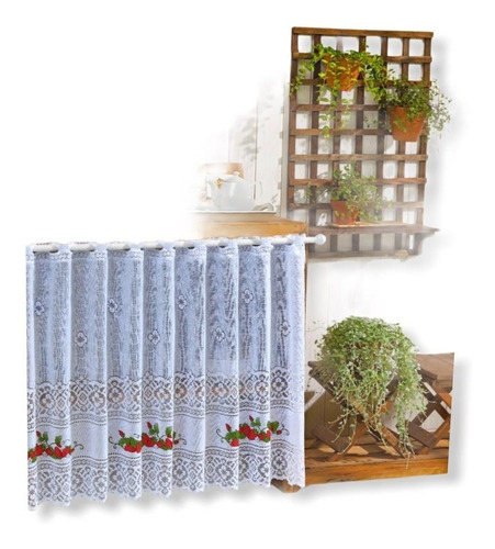 Cortina Renda 200x80cm Interlar Morangos Pia Balcão Cozinha