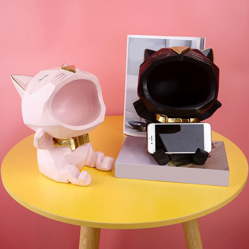Caja De Almacenamiento De Estatuillas De Gato Con Boca, Rosa