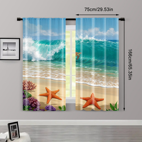 2 Cortinas Con Escena De Playa Con Mar Y Ricos Arrecifes De