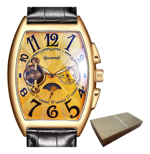 Relógio mecânico de couro luminoso Gucamel Fashion, cor da moldura, cor de fundo dourada, ouro dourado