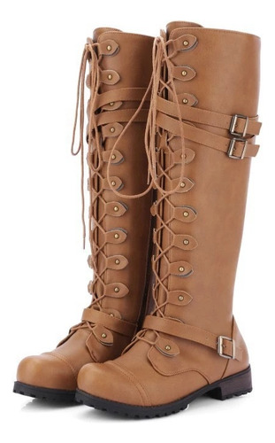 Botas De Cuero Con Punta Redonda, Cinturón, Hebilla, Zapatos