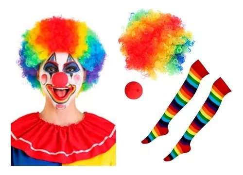 Kit Accesorios Peluca Payaso Clown Fiesta Disfraz Animación Colores Multicolor Niño Adulto Nariz Roja 