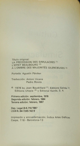 Cultura Y Simulacro. Baudrillard. (Usado)
