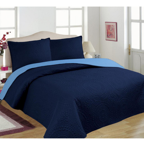 Colcha Reversible King Size Con 2 Fundas Marino Y Celeste