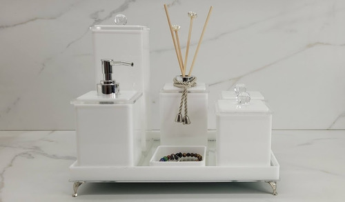 Kits De Acessórios Para Banheiro Organiza Acrílic Quadritti Quadrado Branco Liso Com Cristal X 6