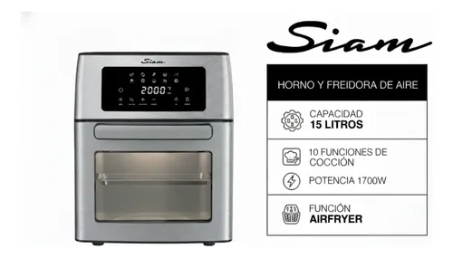 Horno y Freidora De Aire Control Digital Siam 15l 1700w Doble Vidrio
