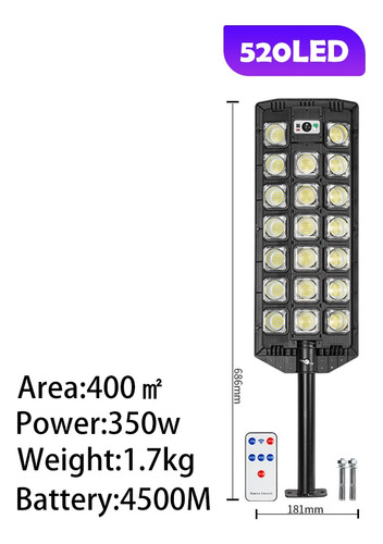 Luz De Calle Solar De 400 W Para Exteriores, 520 Led, 20000