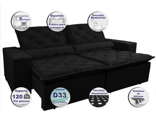 Sofá Lisboa 2,12m Retrátil, Reclinável com Molas no Assento Tecido Suede Velusoft Preto - Cama InBox