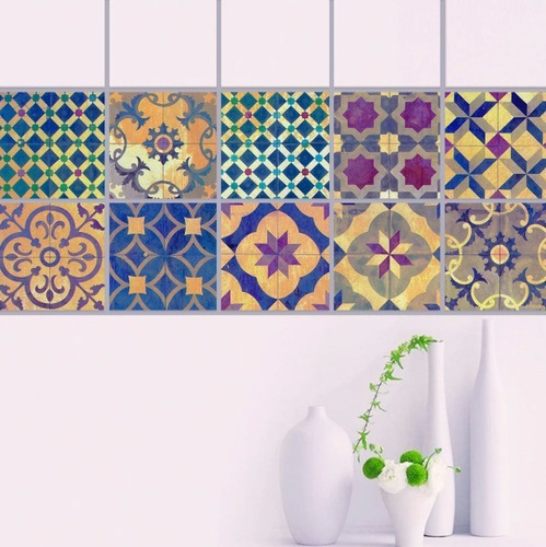 Azulejos Adhesivos Vinil Laminado Brillante 20pz De 20x20cm Con Protección 5 Modelos Fácil Aplicación Color Marroquí