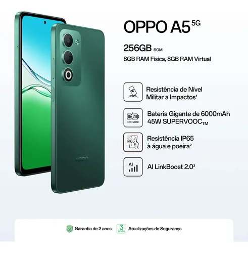 Smartphone OPPO A5 5G 256GB 8GB RAM Física, 8GB RAM Virtual