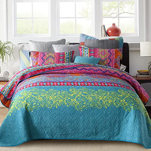 Qucover Bohemian Quilt Colcha Queen Size 3 Piezas Ligera Mic