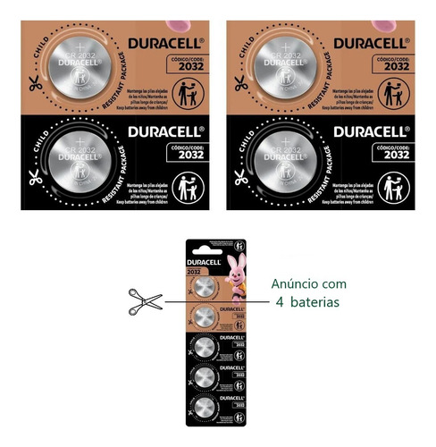 04 - Pilhas  Cr 2032  Duracell 3v Lithium Bateria Moeda 