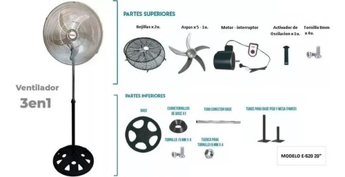 Ventilador 3 en 1 de Pie Turbo Pared 20 Pulgadas 100w Eiffel E-520 negro con 5 palas color plateado de metal 50 Hz 220 V