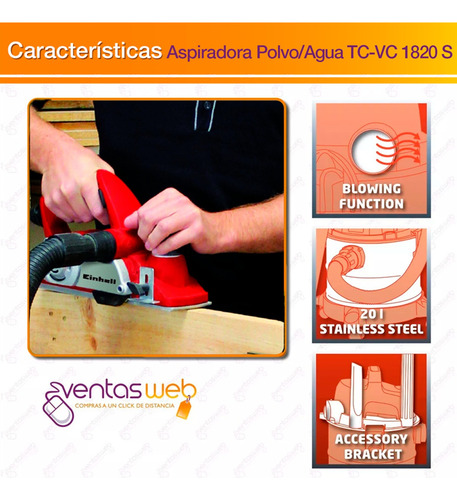 Imagen 8 de 10 de Aspiradora Inoxidable Einhell Polvo Agua 1250w Auto Hogar