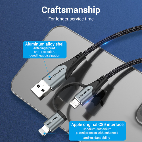 Cable Usb Vention - 2 En 1 - Micro Usb + Ficha Para iPhone - Carga Rapida 2.4 A - 1 Metro - Aluminio - Cargador Y Datos 480 Mbps - Para iPhone Pc Notebook Celular Tablet Auriculares - Mfi - Cqhhf