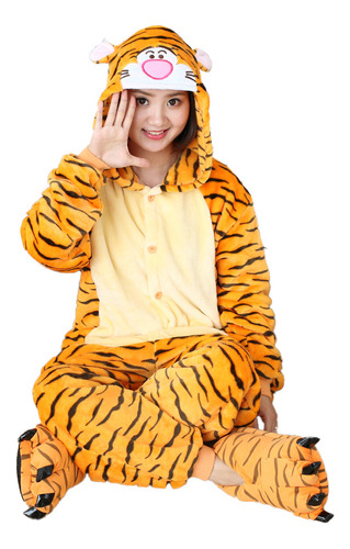Pijama De Franela Con Capucha Kigurumi Jumping Tiger Con Dib