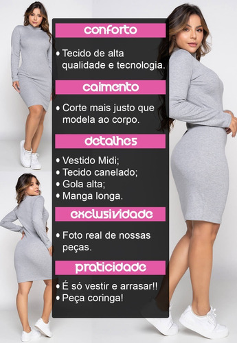 Imagem 6 de 8 de Vestido Midi Gola Alta Manga Comprida Feminino Moda Inverno