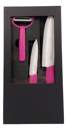 Set X 3 Pzs Cuchillos Ceramica Mango Silicona Con Pela Papa Color Fucsia