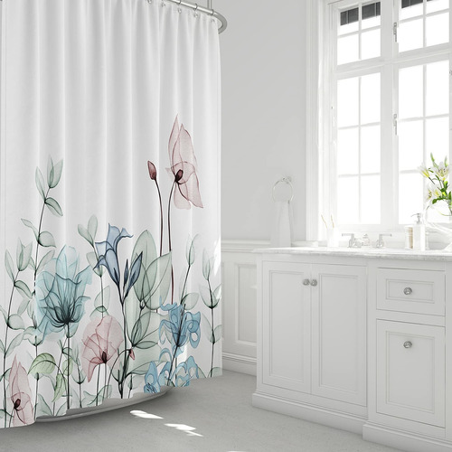 Cortina Ducha Floral Tela 12 Gancho Baño Acuarela Accesorio