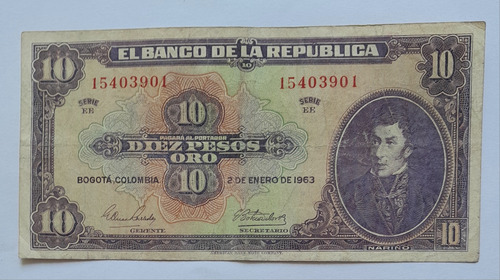 Billete De 10 Pesos Colombia Año 1963, 7 Digitos, Estado 6