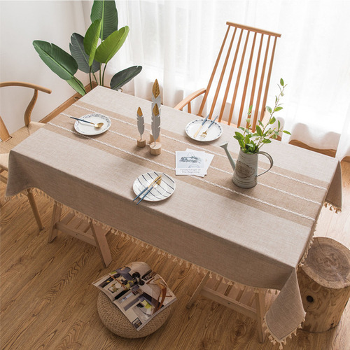 Mantel Lavable De Algodón Y Lino Antiarrugas De Borlas Bordadas De Estilo Nórdico