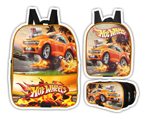 Kit Mochila Escolar Lancheira Termica Estojo Hot Wheels 2zp