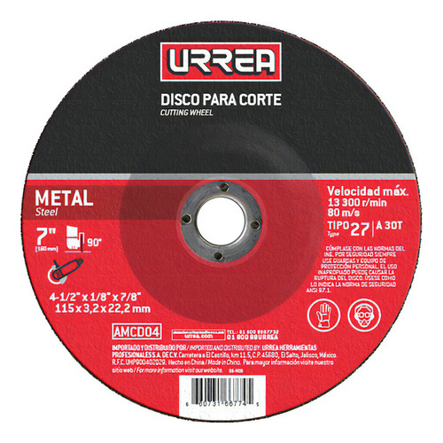 Disco Abrasivo Tipo 27 Para Metal 4-1/2 X 1/4 Urrea