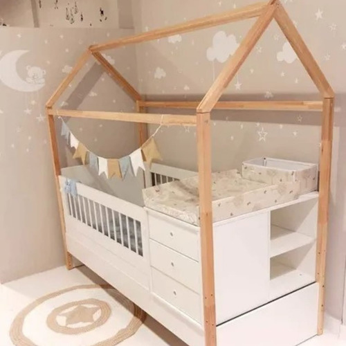 Imagen 3 de 10 de Cuna Cama Bebe Funcional Casita Montessori Colchon 80x140